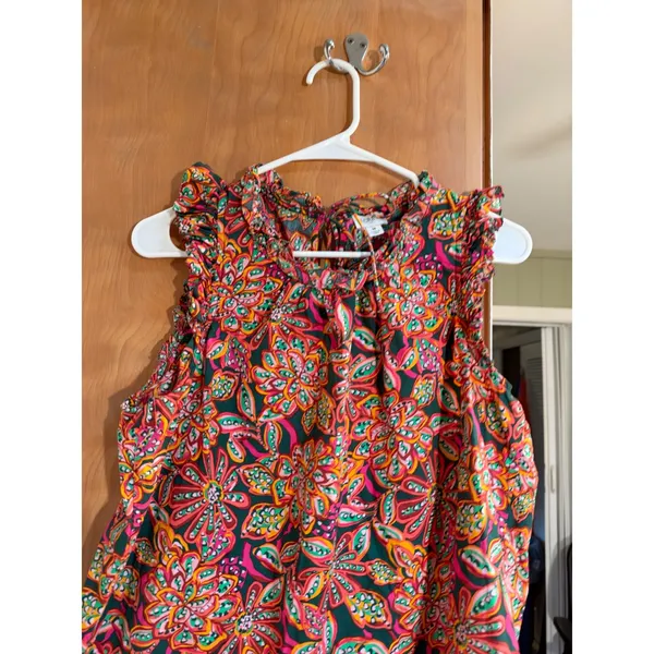 J. Crew Factory Women's Size Medium Sleeveless Ruffle Top Dark Green Pink Orange - Image 3