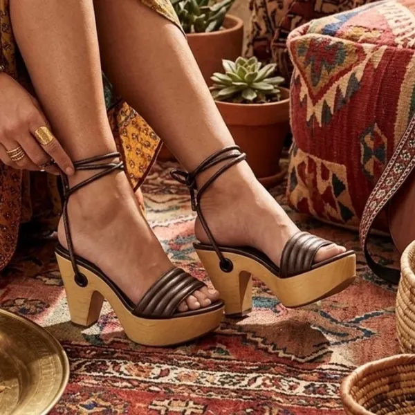 Coach Bronze Brown Leather Strappy Wooden Heel Sandals Modern Minimalist - Image 7