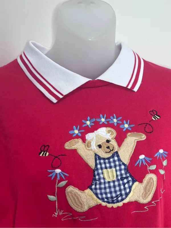 Vintage Red Crewneck Sweater Teddy Bear White Polo Collar size large - Image 2