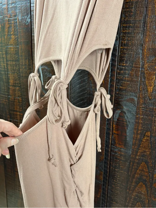 Taupe Cut Out Waist Midi Dress Size Large - Image 11