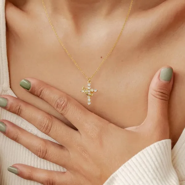 Cross Crown Zirconia Necklace Gold - Image 3