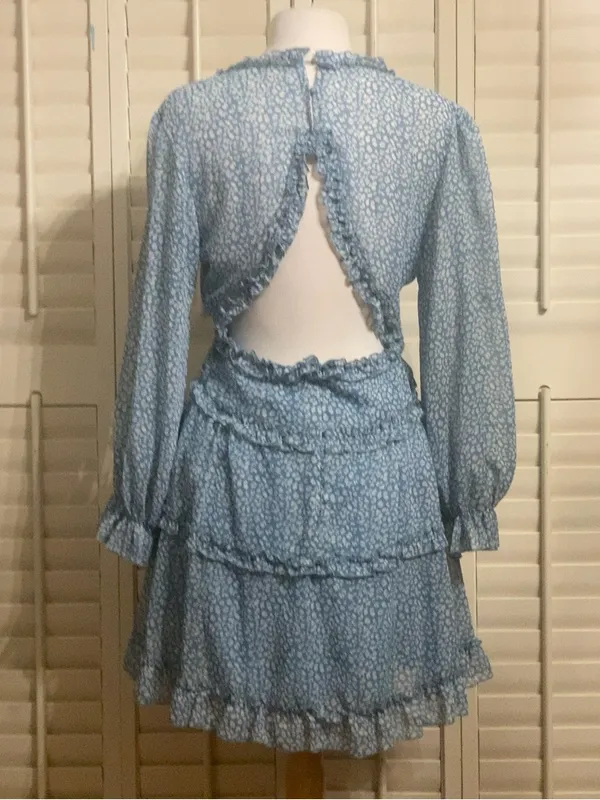 Blue Ruffle Open Back Mini Dress Coquette Cottagecore Size M - Image 5