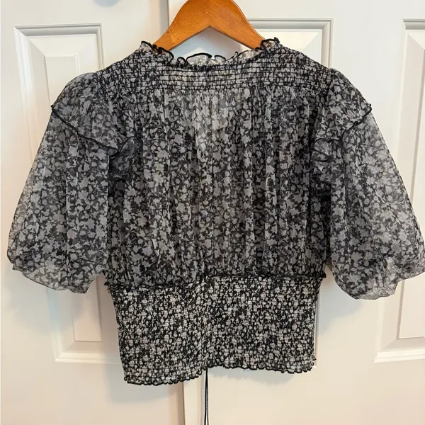 Free People Beatrice Mesh Blouse Top Floral Printed Ruffle Smocked Sz L - Image 7