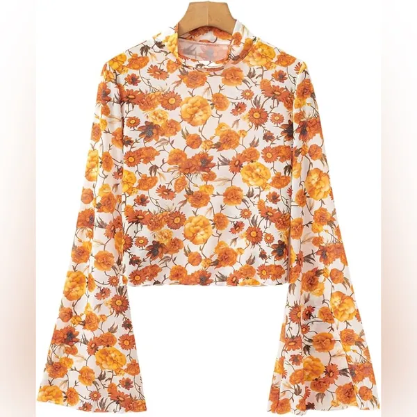 NWT Floral Mesh Mock Neck Top Bell Sleeves Size M Boho Y2K Hippie 70s Chic - Image 6