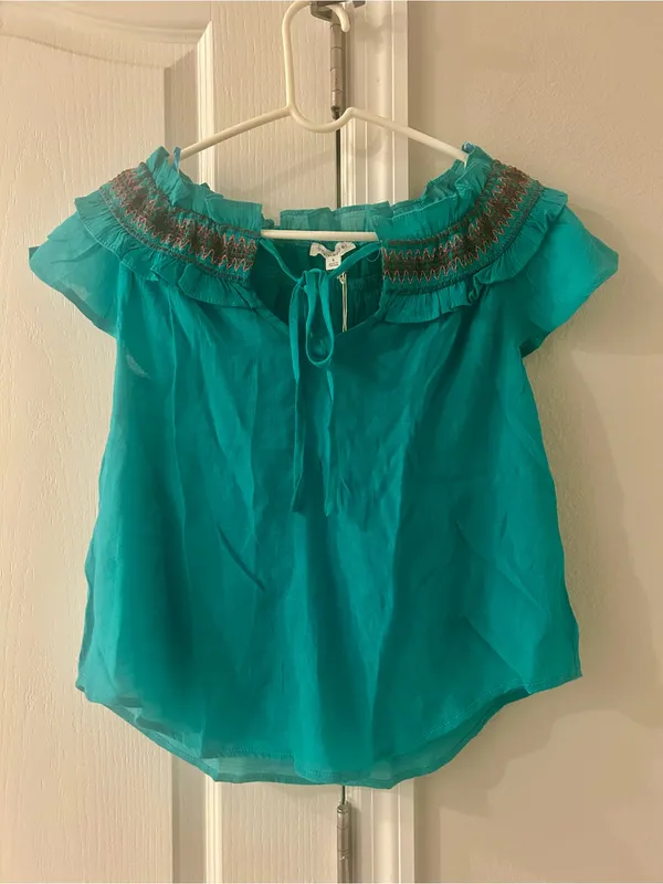 Blu Pepper Teal Ruffle Yoke Tie-Neck Women's Top - Image 4
