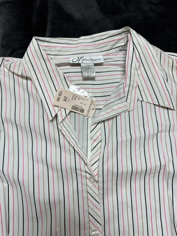 Dressbarn pink and white striped button up shirt with tie Size XXL #preppy #stripedshirt - Image 4