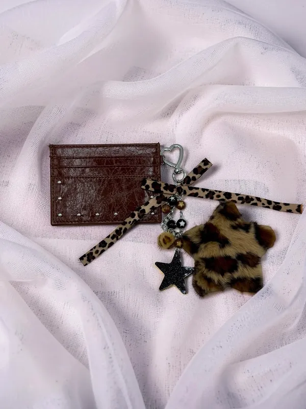 Cute Espresso Brown Card Holder Wallet w/ Keychain Leopard Plush Star Charm - Image 6