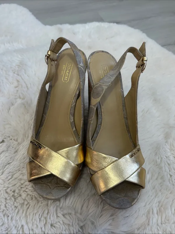 Coach Jessy Gold Metallic Canvas Logo Wedge Heeled Sandals - Image 3
