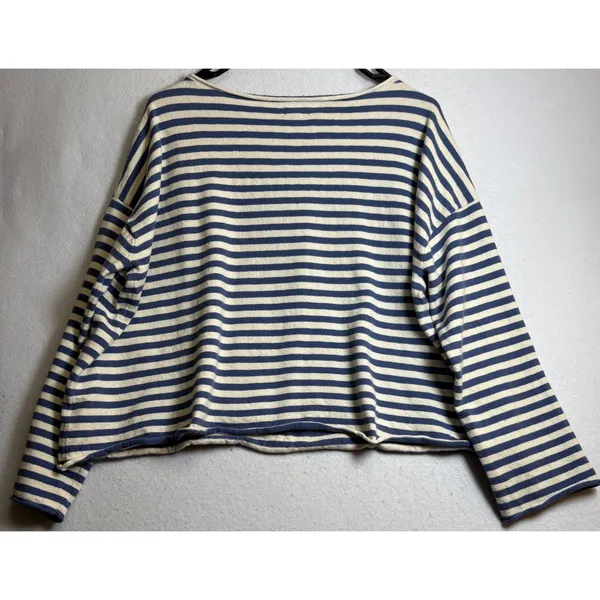 Aerie Women Blue Cream Striped Long Sleeve Boxy Boat Neck Top Size M - Image 4