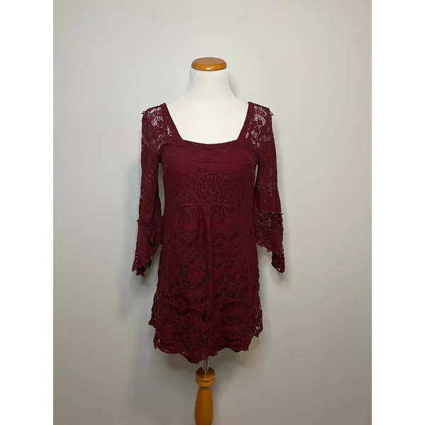 Free People Lace Mini Dress Small Burgundy Boho Bell‎ Sleeve Festival Wedding - Image 3
