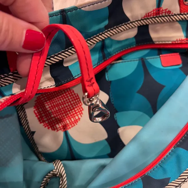 Fossil Floral Nylon Tote Bag Blue White Red‎ Retro Mod Zippered Shopper - Image 7