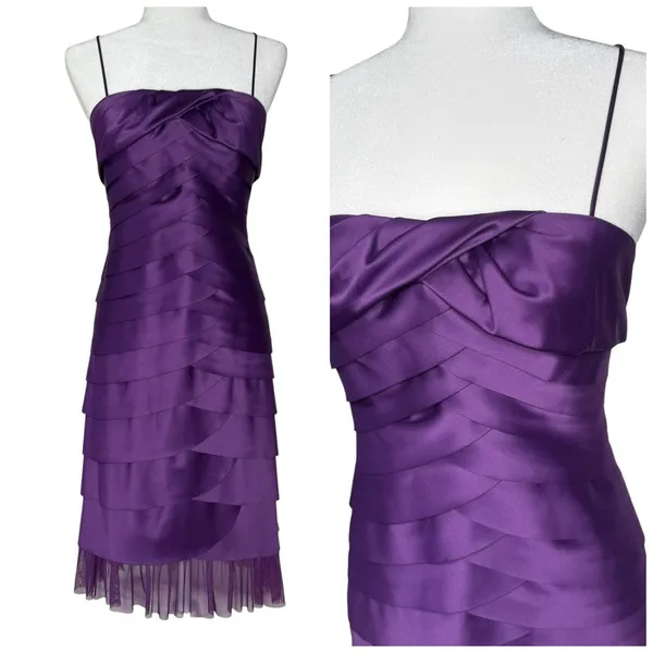 VTG Y2K JS Collection Dress 6 Mermaid Scalloped Ruffle Layered Purple Satin‎ - Image 2