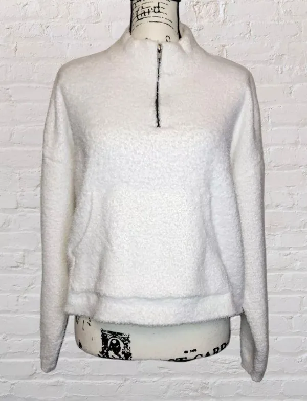 Nordstrom RDI LG Womens White Cropped Quarter Zip Pullover Teddy Sweatshirt NWOT - Image 2