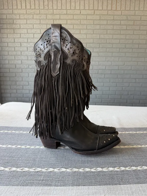 Corral Sierra Fringe Studded Cowgirl Boots Dark Brown Leather Size 5.5 Rodeo - Image 3