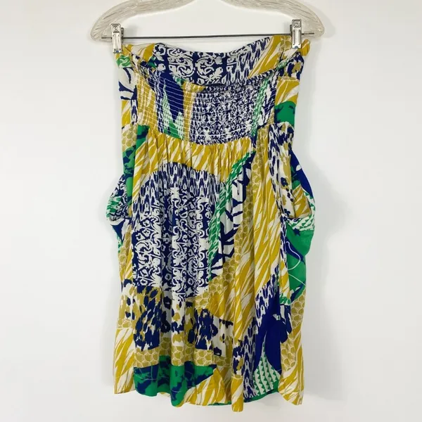 Forever 21 Tropical Strapless Yellow Blue Green Mini Dress Sundress Womens L - Image 7
