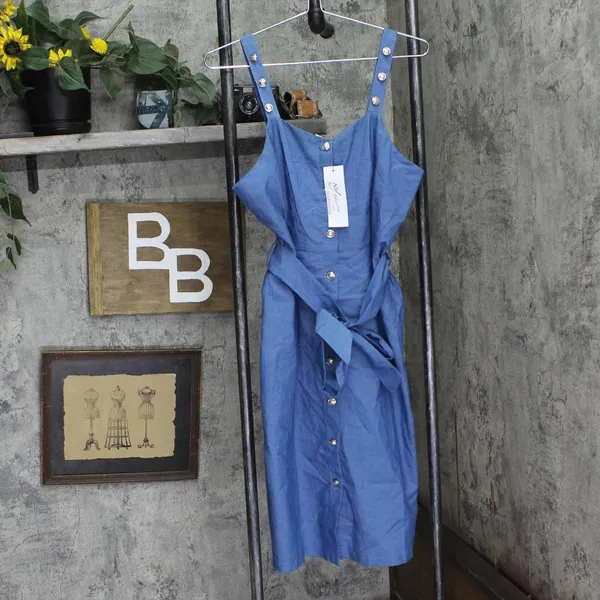 NWT Ny Collection Womens Petites Cotton Knee-Length Shirtdress Denim Blue PL - Image 2