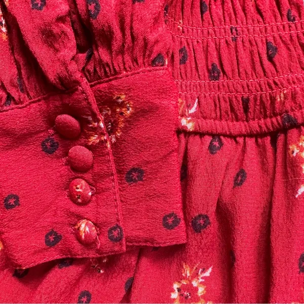 Free People Red Two Faces Printed Floral Boho Mini Dress Smocked Balloon Sleeve - Image 9