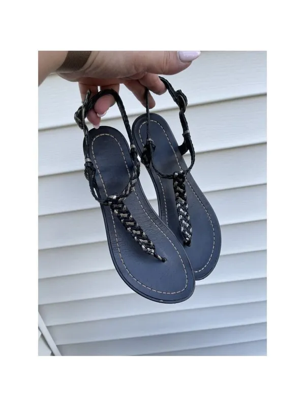 Audrey Brook women’s flat leather woven thong sandals braided black Sz 7 - Image 2
