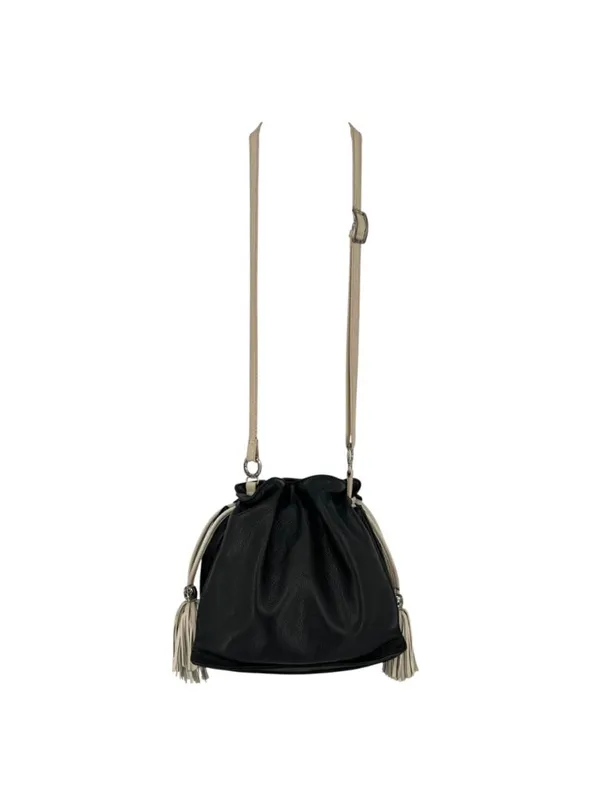 Brighton Boho Western Bucket Slouch Bag Leather Black White Tassel Silver Charms - Image 5
