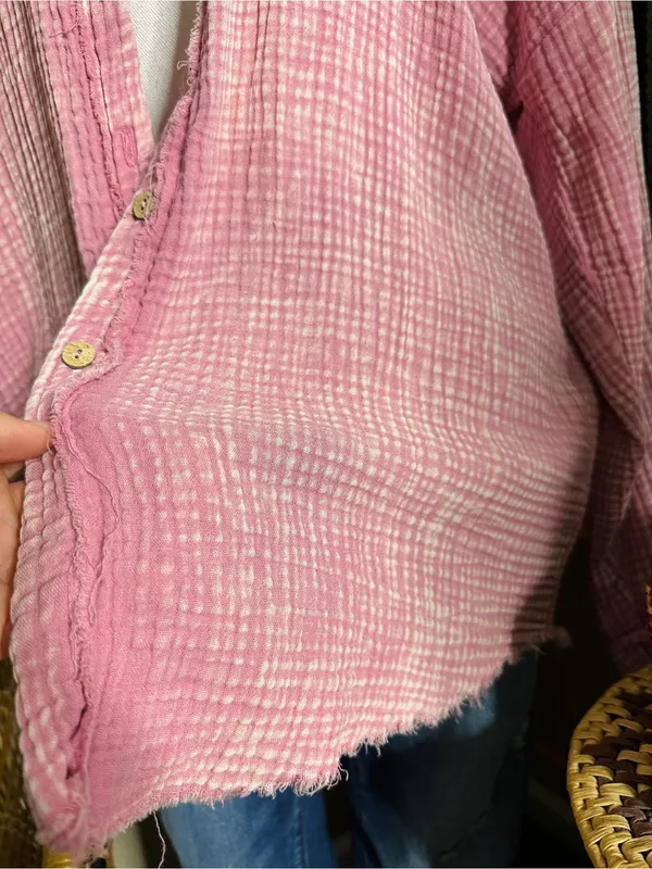 Zenana Pink Double Gauze Waffle Raw Hem Button Up Shirt - Image 6