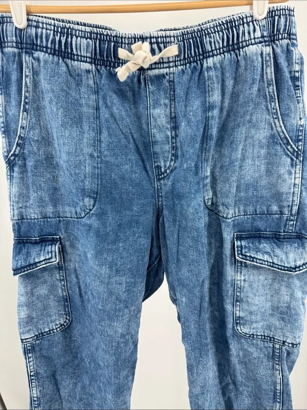 GAP Easy Jean pull on Light Blue Washed Denim Cargo Joggers tapered L drawstring - Image 6