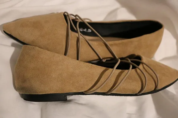 Tan Suede Pointed Toe Flats Ballet Cross Front Straps Strappy Detail - Image 3
