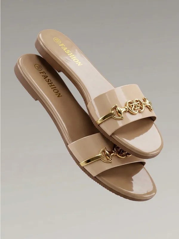 Women's Beige Slide Sandals with Gold Accent - Image 2