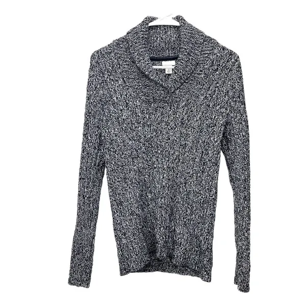 LL Bean Black Marled Pullover Cable V Neck Shawl Collar Cotton‎ Sweater SMALL - Image 2