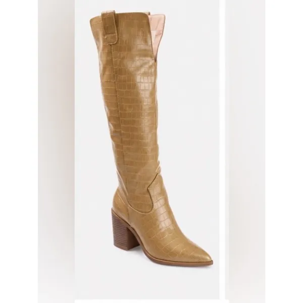 Journee Collection Tan Therese Knee-High Croc-Embossed Boots size 9.5 wide calf - Image 4