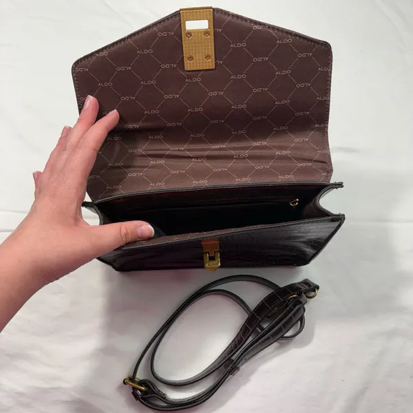 ALDO Brown Vegan Croc Leather Square Clasp Closure Flap Purse Crossbody Strap - Image 6