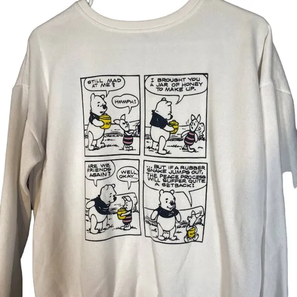 Disney White Newspaper Clipping Winnie the Pooh & Piglet Sweatshirt Women Sz S - Image 6