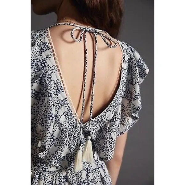 Anthropologie V-neck Plunge Tunic Mini Dress Women’s Small Floral Blue‎ White - Image 4