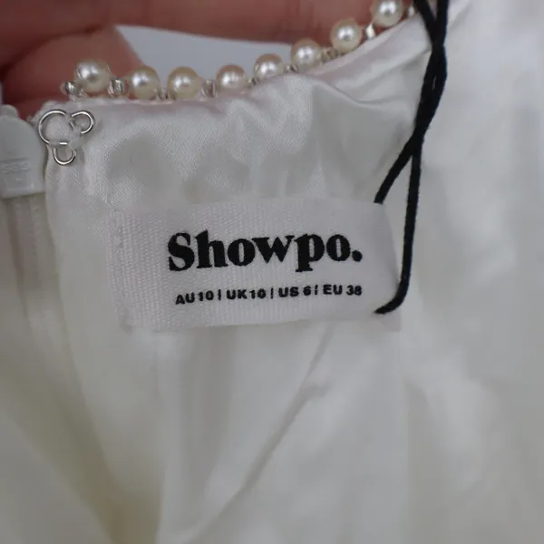Showpo Kaitlyn Mini Dress Ivory Corset Pearl Trim Fit and Flare US 6 - Image 5