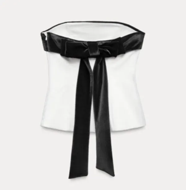 ZARA Strapless Bow Tube White Top Black Velvet - Image 4