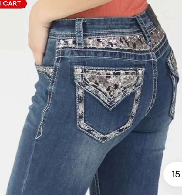Women's Sequin Embellished Pockets Low Rise Bootcut Stretch Jeans - Image 5