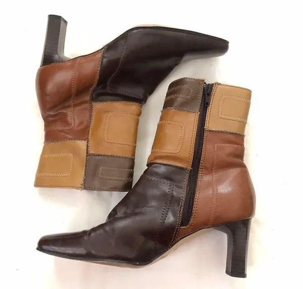 Predictions 2000s Y2K Brown tan patchwork leather 2” kitten heel ankle mid calf boots - Size 6.5W Boho - Image 2