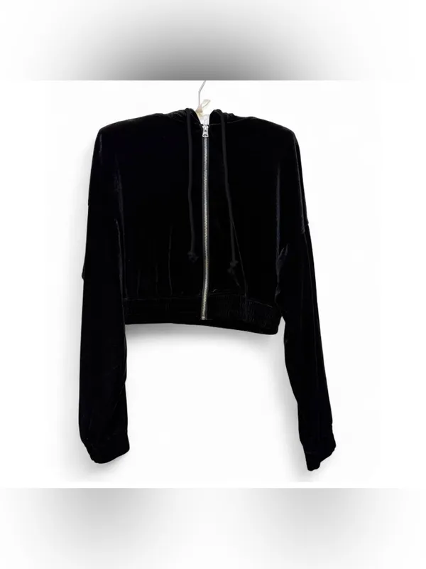 Y2K H&M Divided Women’s Long Sleeve Cropped Velour Hooded Full-Zip Sweater SizeS - Image 2