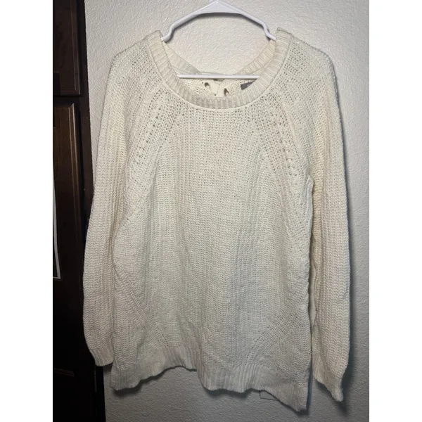 Aerie Cream Lace Up Back Chunky Knit Shaker Sweater‎ Womens Medium Off White - Image 2