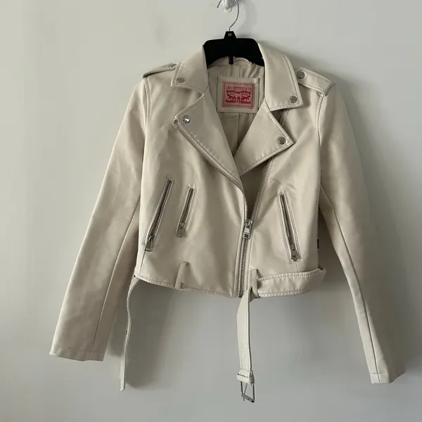 Levi's Faux Leather White Belt Biker Moto Jacket Size S - Image 2