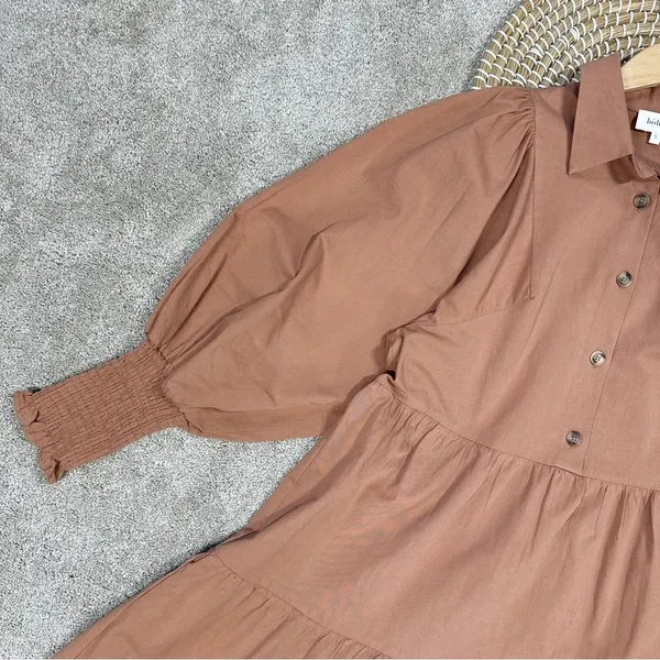 Bohme Makayla Mini Dress Smocked Balloon Sleeve Button Ruffle Tiered in Clay S - Image 4