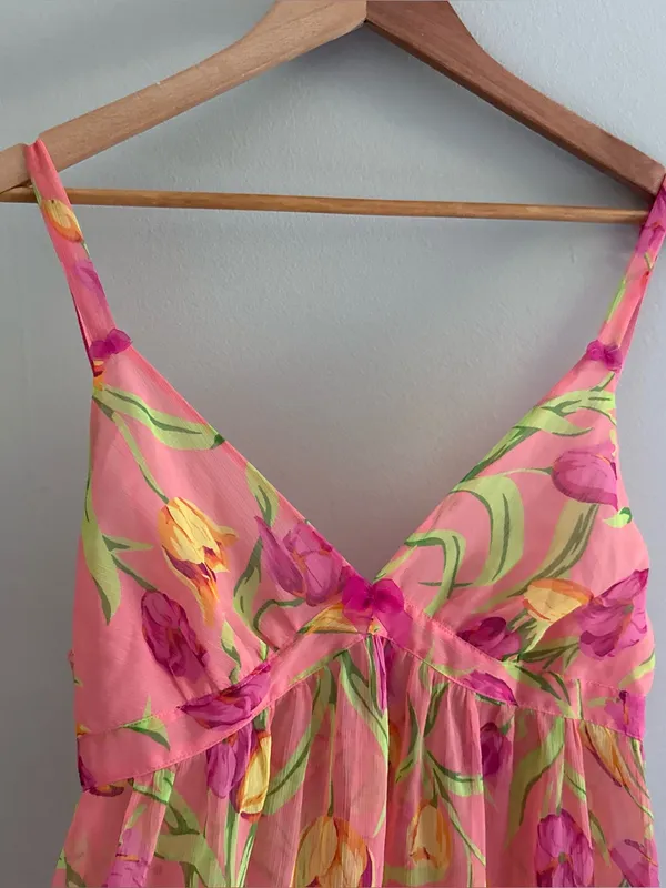 Betsey Johnson Intimates Vintage Peach Sheer Tulip Print Babydoll Lingerie Large - Image 2
