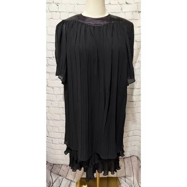 Vintage Black Pleated Dress Short Sleeves and Contrasting Layered Satin 11/12 - Image 2