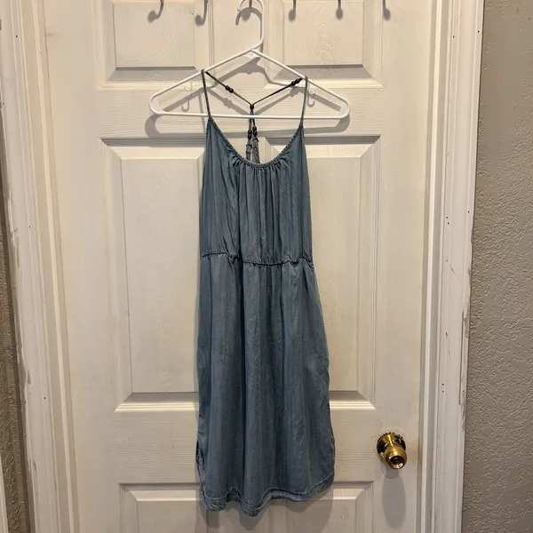 Maurices Light Wash Chambray‎ Halter Dress Beaded T-Back Empire Waist Blue Large - Image 3