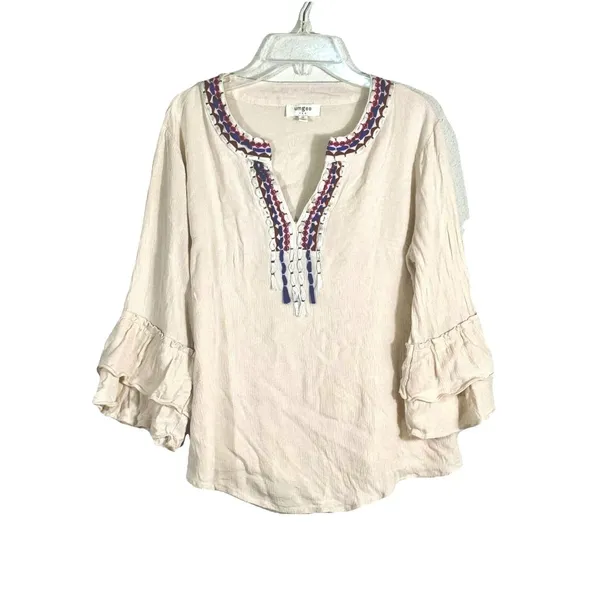 Umgee Embroidered Peasant Boho Blouse Tassel Tie Cream Bohemian Top M - Image 2