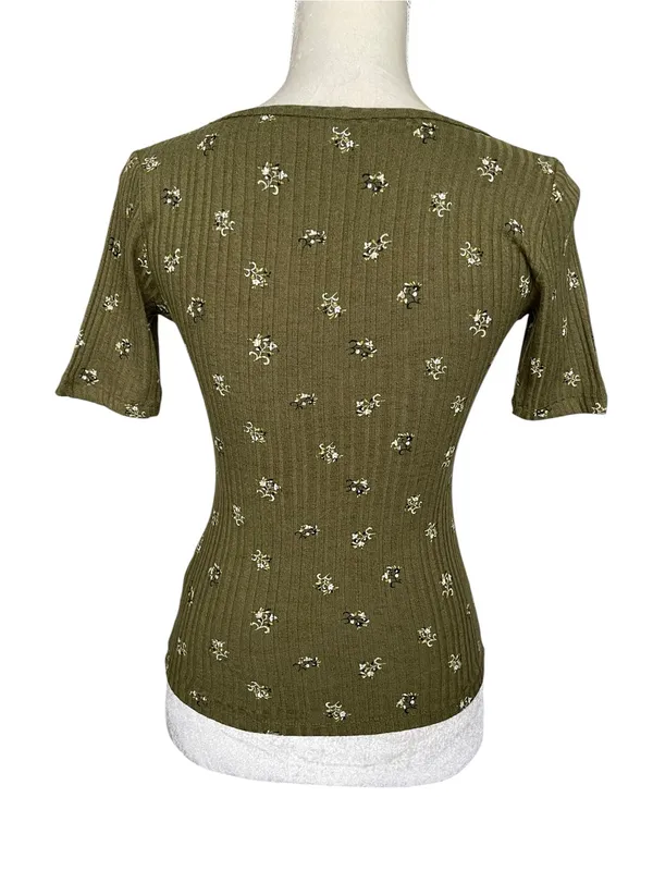 Old Navy Fitted Floral Top Women Size XS Elbow Sleeves Rib Knit Green - Image 4