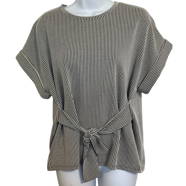 EXPRESS Black White‎ Striped Tie Waist Short Sleeve Knit Top EUC SizeSmall - Image 2