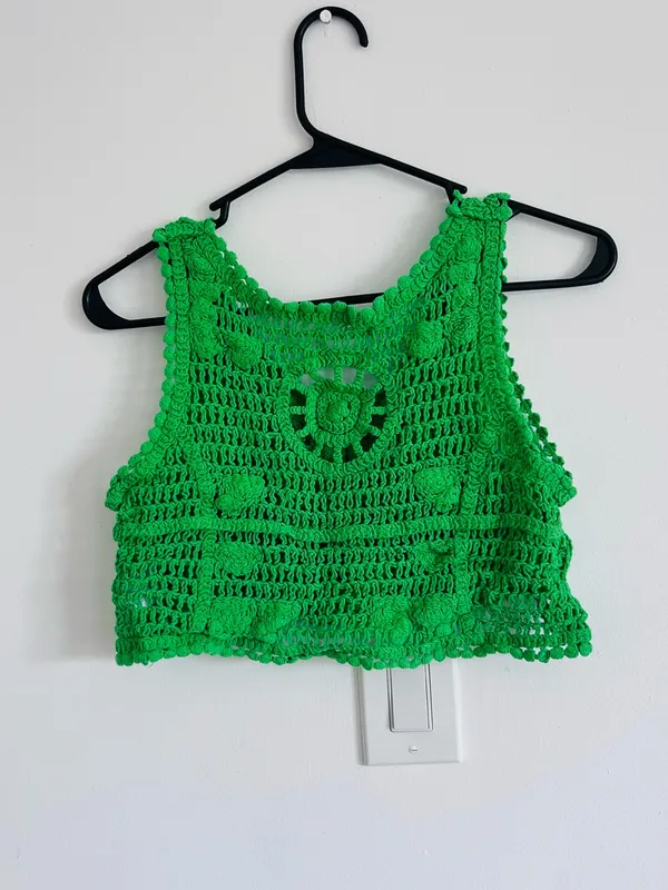 Green Crochet Rosette Crop Top Fairycore Boho Medium - Image 4