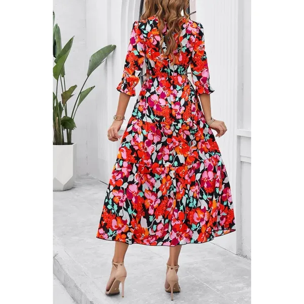 Floral Ruffle Trim A Line Dress Midi Length Boutique Dress Side Slit in Multi - Image 3
