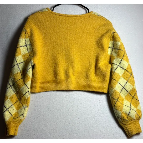 H&M Divided Yellow Argyle Cropped Cardigan Sweater XS V-Neck Puff Sleeve Knit - Image 3