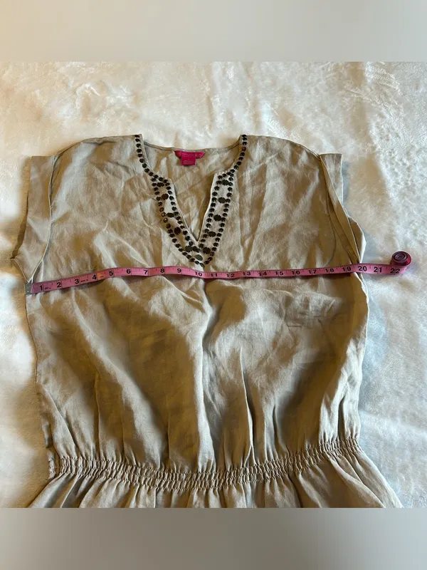 Sunny Leigh tan linen v-neck tunic drop waist peplum size L coastal boho casual - Image 7